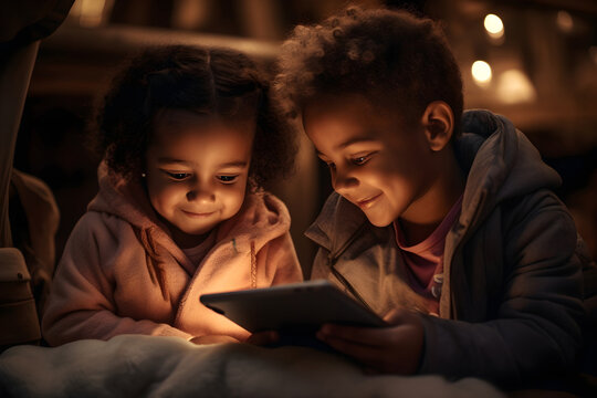 A couple of kids are focused on a digital tablet screen, engaged in the content displayed. - Powered by Adobe