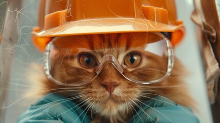 Cat in construction gear. Building site cat with hard hat and safety glasses - 791164415