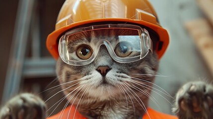 Cat in construction gear. Building site cat with hard hat and safety glasses - 791164435