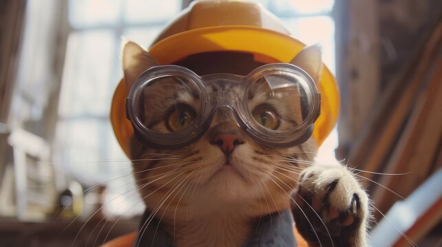 Cat in construction gear. Building site cat with hard hat and safety glasses