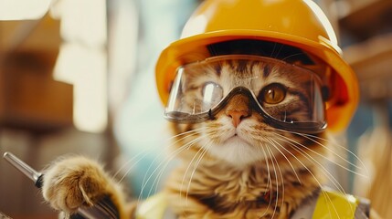 Cat in construction gear. Building site cat with hard hat and safety glasses - 791164658