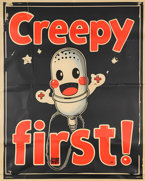 Kawaii-inspired Vintage Japanese Mic Mascot Poster: Creepy First! Vibrant Artwork featuring a Red Cross | Stock-image sale