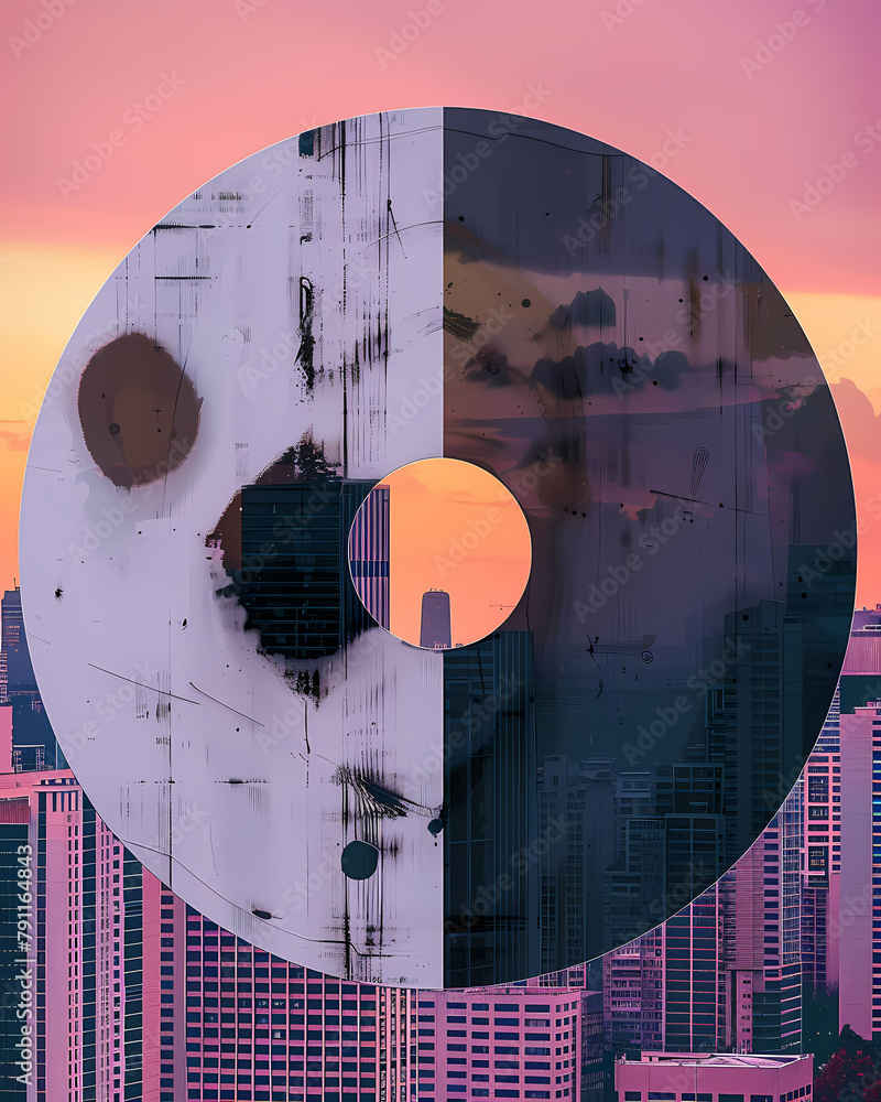 Poster artistic poster displaying brutalist architecture in circular painting format with central aperture