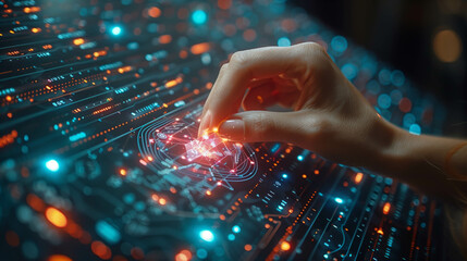 Woman hand touching Introduction of artificial intelligence. Science and innovation of technology.