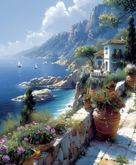 Colorful Italian Seaside Village Scene: Flowers on Stone Wall Overlooking Azure Waters