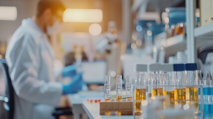 Blurred background image of a clinical trials lab with scientists in scrubs carefully pipetting liquids into test tubes while charts and graphs can be seen out of focus in the background. .
