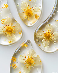Top view of transparent gel patches with yellow flowers and bubbles, minimalist soft color blending, high resolution photography