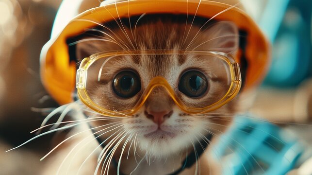 Kitten in construction gear. Cute cat safety background.