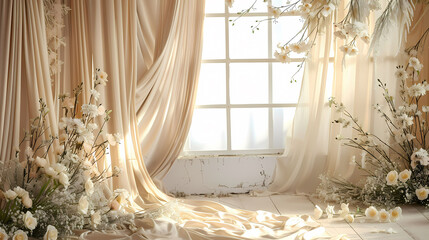 Floral Elegance: Delicate Curtains and Blooms Enhance a Rooms Artful Ambiance