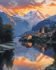 Vibrant Landscape Painting of Swiss Lake, Houses, and Mountains in Europe