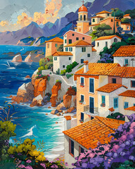 Vibrant Mediterranean Seascape Painting in Pointillism: Shimmering Waves and Picturesque Cliffside Town