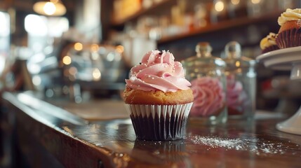 Cupcake in cafe. Delicious dessert background.
