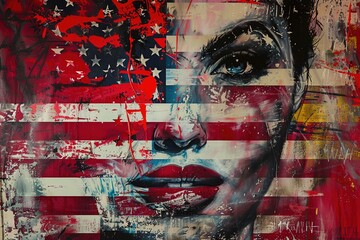 Abstract painting illustration of woman face with american flag