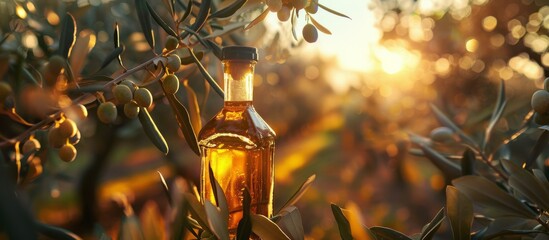 Olive Oil Bottle on Top of Olive Tree