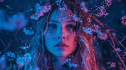 Beautiful woman with big wavy hair studio portrait. Model surrounded with flower twigs with blossoms. RGB color split and 3D glitch virtual reality effect applied. Futuristic looking style