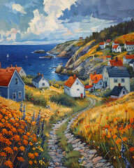 Vibrant Painting of a Hilltop Village in Maine with Orange Flowers, Artwork, Landscape, Impressionism