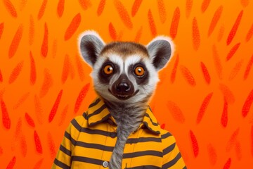 a happy lemur in an orange shirt