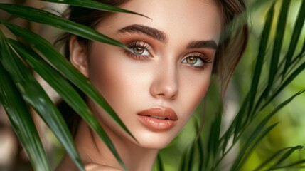 Young beautiful woman with healthy skin of face and palm leaves. Closeup fresh face of an attractive caucasian girl with green plants. Model with bright brown eye makeup. Skin care concept. 
