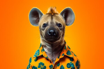 a happy hyena in an orange shirt