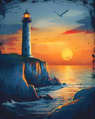 Artistic Sunset Lighthouse Painting: Vibrant Connecticut Landscape
