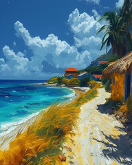 Vibrant Painting of a Picturesque Beach Featuring Houses and Palm Trees in Sint Eustatius, North America - obrazy, fototapety, plakaty