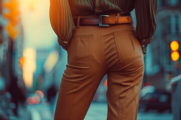 A woman in green shirt and brown pants stands on the city street
