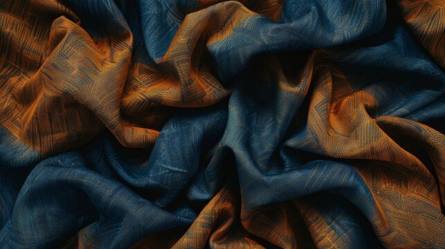 Brown and blue draped linen fabric. Woven texture background. Various colors textile drapery for sewing, fashion and cloth. Cotton and linen natural textile surface. Colorful draped background. 