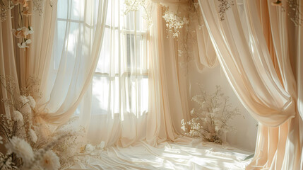 Elegant Wedding Backdrop, Room with Curtains, Flowers, Painting, Art, Vibrant