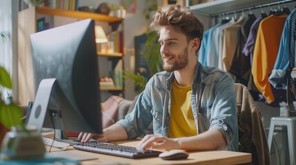 Handsome Caucasian Specialist Using Desktop Computer with Clothing Online Web Store to Choose and Buy Clothes from New Collection. copy space for text.