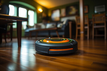 Modern self-operating vacuum cleaner robot efficiently cleans the floor in an apartment