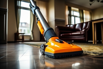Modern  vacuum cleaner cleaning the floor of a modern apartment, new house cleaning technologies