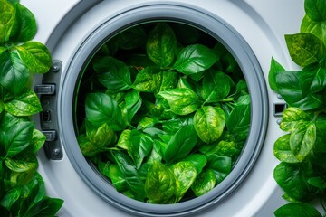 Washing machine with green leaves in it. Eco cleaning, eco friendly washing concept