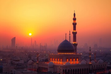 Mosque glowing in the afterglow of sunset amidst city landscape