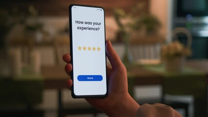 Giving five star rating review online. Excellent customer experience evaluation.
