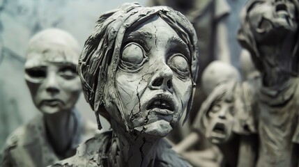 Bring to life the distinctive styles of different horror genres through a collection of clay sculptures at a skewed perspective, each piece telling a chilling story within an unsettling setting - obrazy, fototapety, plakaty