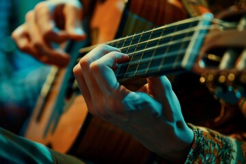 Close up of a guitarists hand playing a guitar, a string instrument