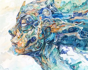 Bring to life the fusion of futuristic technologies and mythical creatures in a side view watercolor artwork, utilizing impressionism techniques and surprising camera angles to evoke a sense of myster