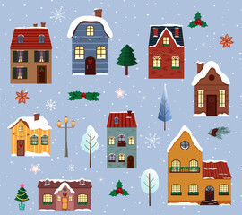 Set of winter houses. Street in winter. Elements for creating New Year and Christmas pictures. Townhouses and cottages. Christmas decorations, lantern and trees, fir branches, snowflakes. Snowy winter