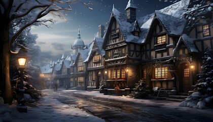 Fantastic winter landscape with snow covered houses and lanterns.