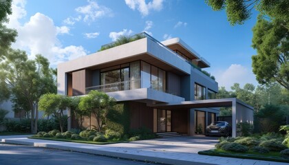 Fototapeta na wymiar A modern two-story minimalist exterior seamlessly blends with nature 🏡🌿 Embrace harmony between architecture and the environment!
