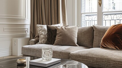 Close up of a chic living room with a cozy sofa and table