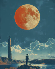 Vibrant Libyan Painting of Solitary Figure on Rock Under Vast Moonlit Sky - obrazy, fototapety, plakaty