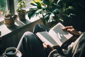 Person reads book and drinks coffee on window sill, surrounded by houseplants