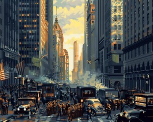 Capture the buzz of Wall Street in the 1920s with a pixel art piece showcasing stock market frenzy from an ants perspective