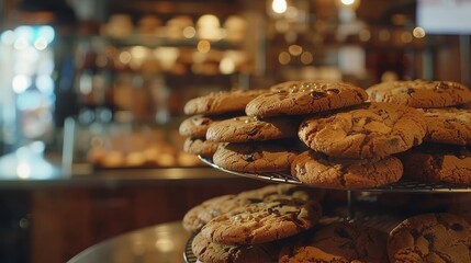 Oatmeal chocolate chip cookies on cafe table in cafe. Delicious cookies
