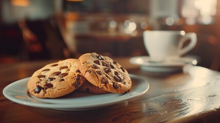 Oatmeal chocolate chip cookies on cafe table in cafe. Delicious cookies