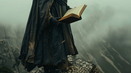 A figure stands on the edge of a cliff the wind whipping through their leather cloak and causing the pages of an open book to flutter. Beneath their feet the ground .
