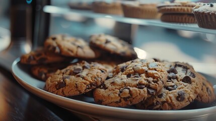 Oatmeal chocolate chip cookies on cafe table in cafe. Delicious cookies
