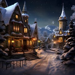 Winter village at night. Christmas and New Year theme. Digital painting.
