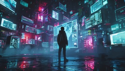Capture the intrigue of a cybernetic detective using CG 3D rendering Show a holographic crime scene from an unexpected low angle with futuristic tech details, like floating data screens and neon light